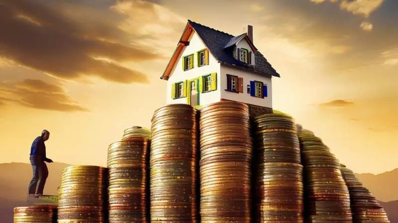 Kleines Haus auf gestapelten Goldmuenzen mit Person davor - steigende Kosten auf dem Weg zum Eigenheim