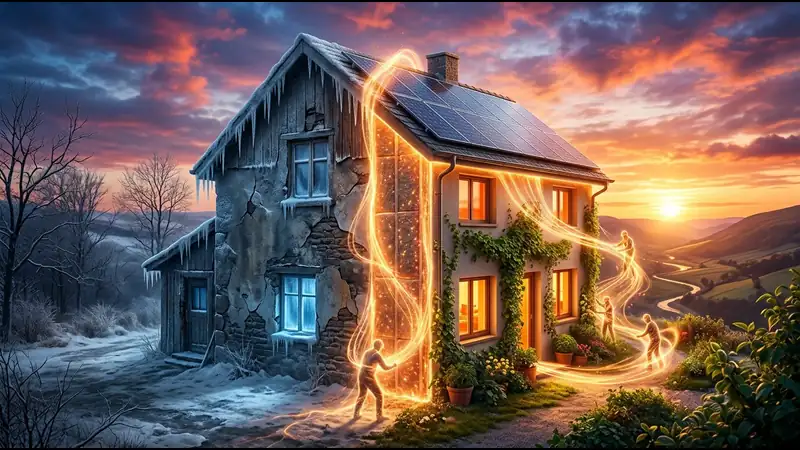 Haus im Vorher-Nachher-Vergleich: unsaniert mit Frost und Rissen links, energetisch saniert mit Solarpanels und Daemmung rechts.