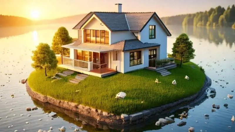 Idyllisches Familienhaus mit Garten auf einer gruenen Insel im See bei Sonnenaufgang