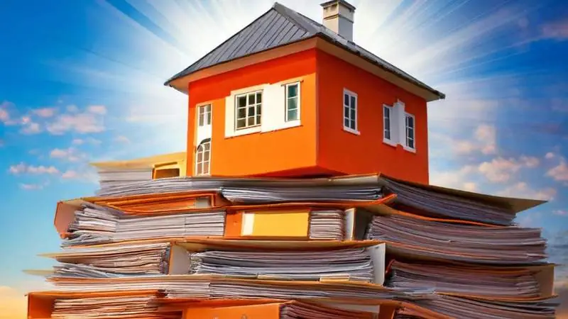 Oranges Haus auf einem Stapel Aktenordner - Grundsteuerreform und Buerokratie fuer Eigentuemer