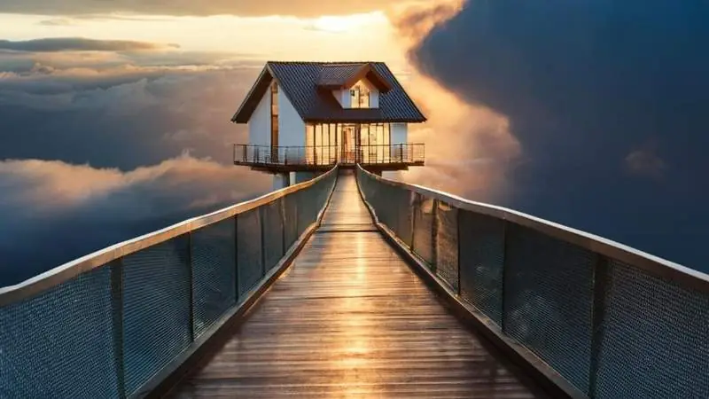 Haus am Ende eines Stegs ueber den Wolken - Immobilienkauf trotz hoher Zinsen als Weg zum Ziel