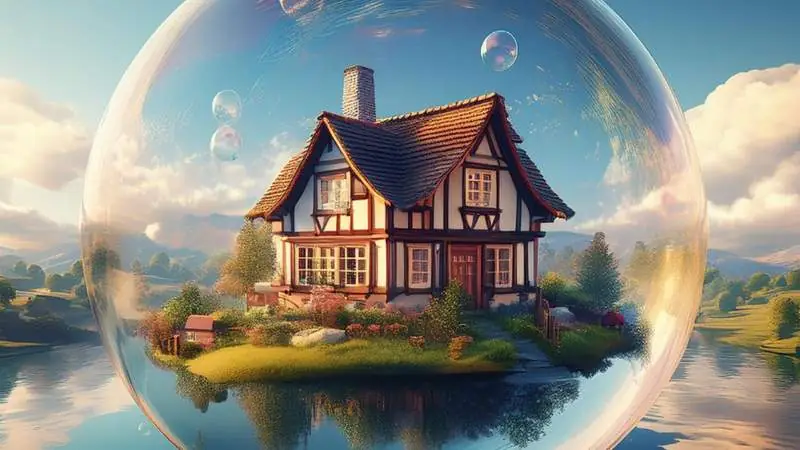 Fachwerkhaus in einer grossen Seifenblase ueber einem See - Immobilienblase als Risiko auf dem deutschen Markt