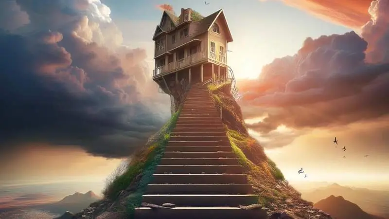 Haus auf einer steilen Treppe in den Wolken - symbolisch fuer die Herausforderungen beim Immobilienkauf