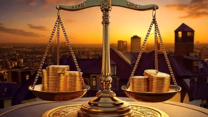Goldene Waage mit Muenzen vor einer Stadtsilhouette - Immobilienpreise im Gleichgewicht zwischen Angebot und Nachfrage
