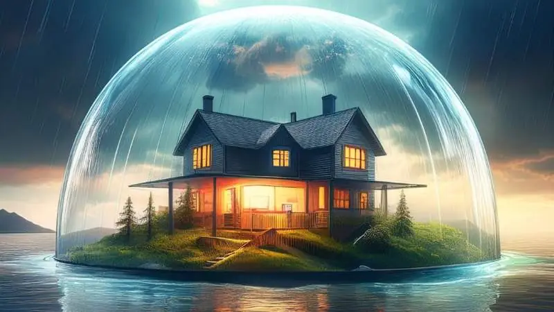 Haus geschuetzt unter einer Glaskuppel bei Starkregen und Hochwasser - sicher wohnen trotz Klimakrise