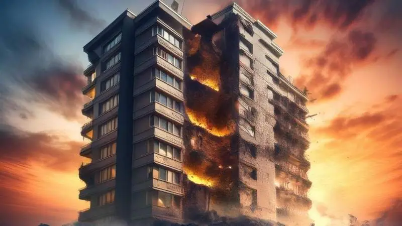 Verfallender Wohnblock mit leerstehenden Etagen bei Sonnenuntergang - Leerstandskrise in Deutschland