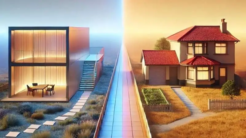 Vergleich zwischen modernem Neubau und klassischer Bestandsimmobilie im Split-Screen bei Sonnenuntergang