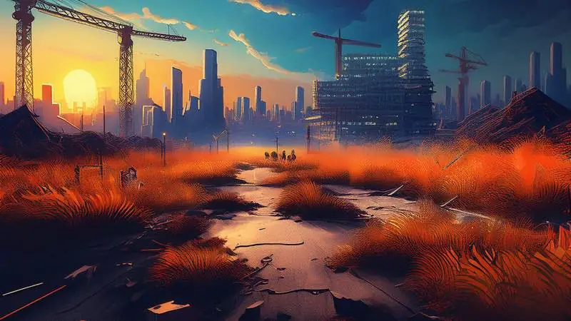 Verlassene Stadtlandschaft mit Baukraenen und brachliegenden Flaechen - Wohnraumkrise in deutschen Staedten