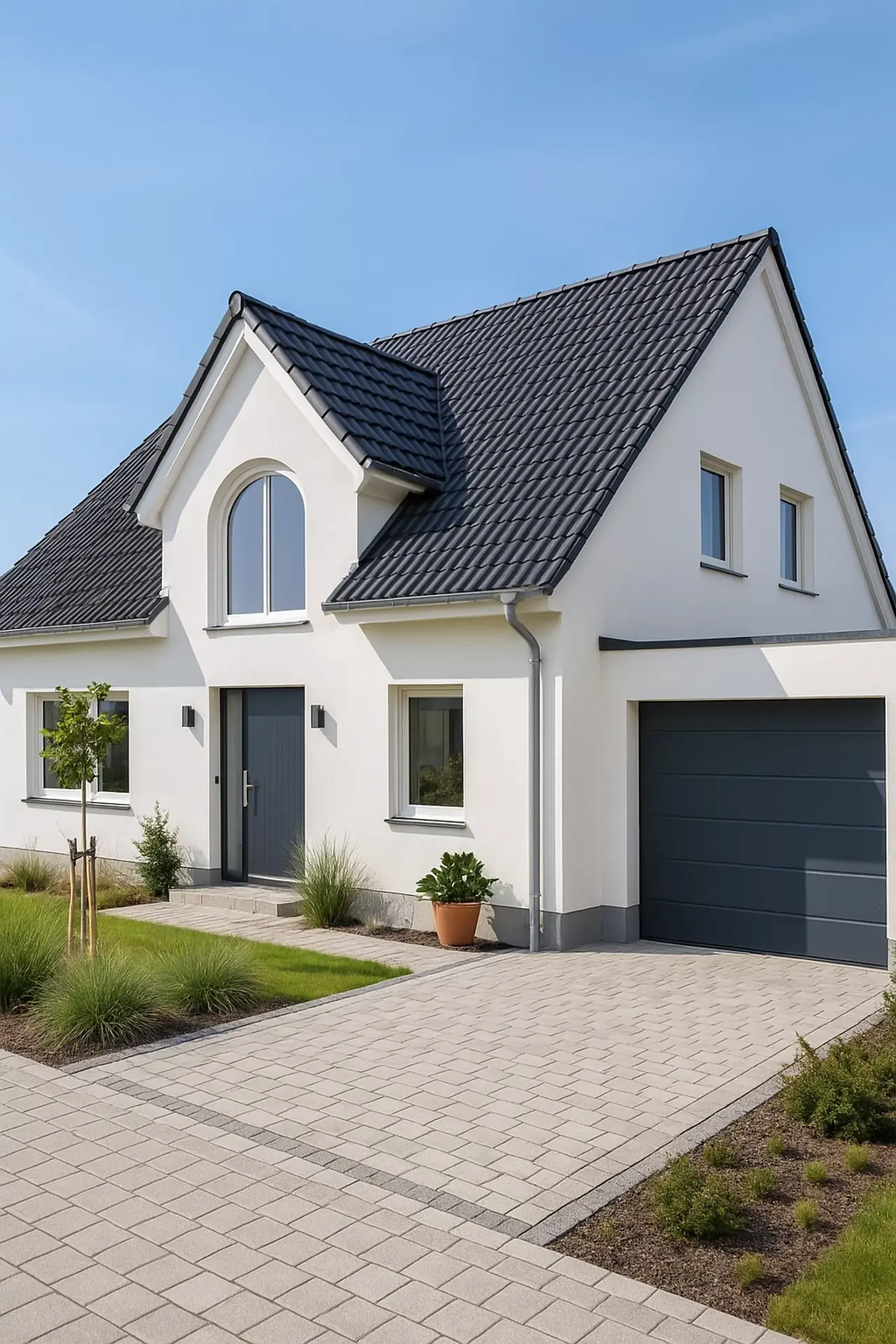 Modernes Einfamilienhaus mit rotem Ziegeldach, großen Fenstern und gepflegtem Garten in einer sonnigen Wohngegend.