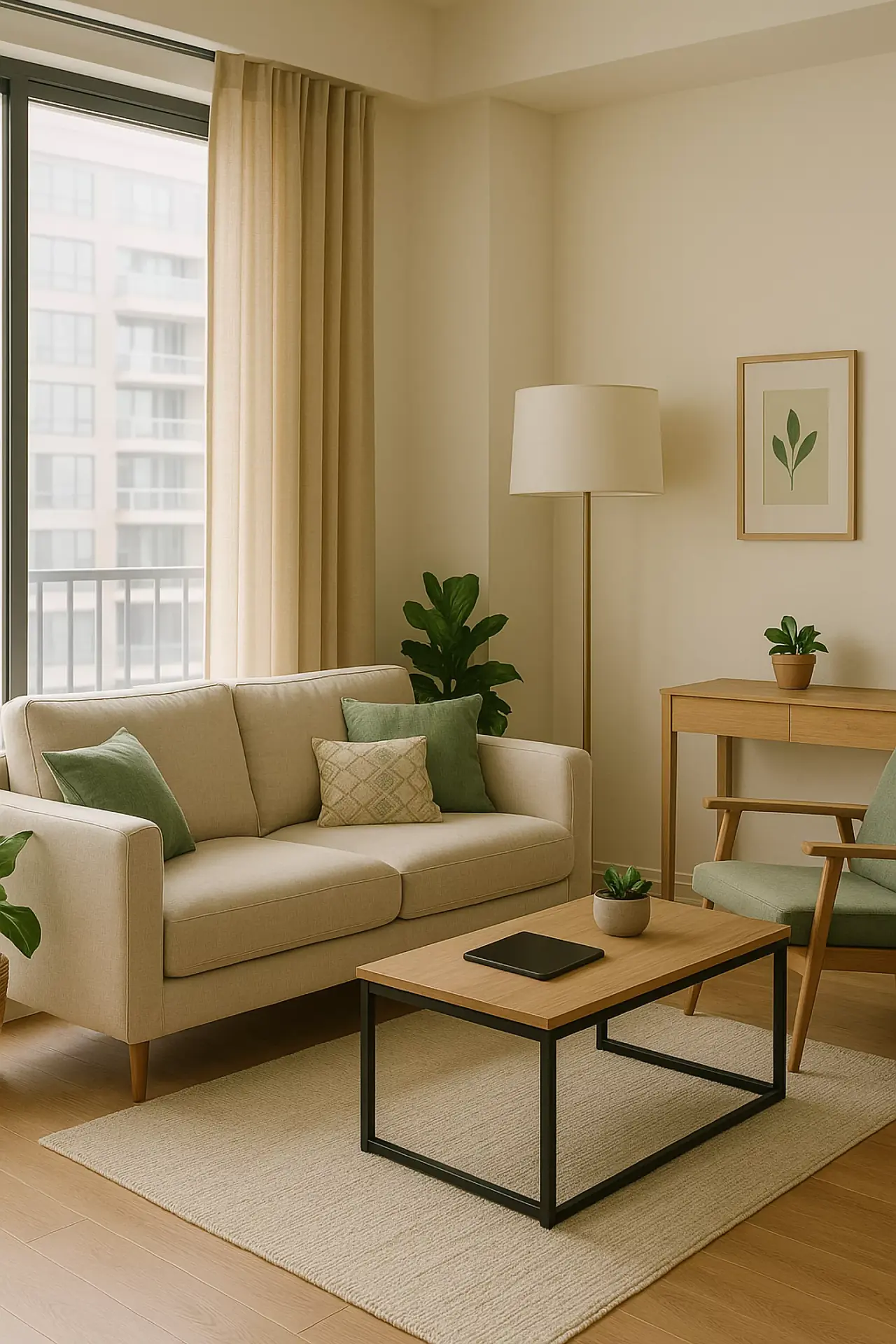 Modernes Wohnzimmer mit beiger Couch, Zimmerpflanze, großen Fenstern und stilvoller Dekoration in einem Apartment.