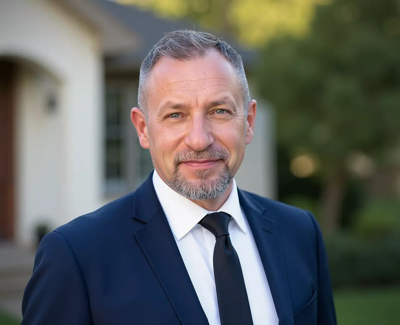 Wolfgang Schuder, professioneller Immobilienmakler, im Anzug vor einem modernen Bürogebäude.